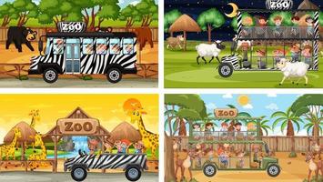 Set of different safari scenes with animals and kids cartoon character vector