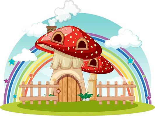 Mushroom house with rainbow in the sky
