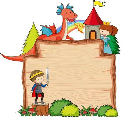 Blank wooden banner with fantasy cartoon character isolated