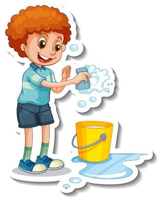 Sticker template with a boy holding a sponge for cleaning isolated