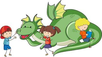 personaje de dibujos animados simple de dragón verde con muchos niños aislados vector
