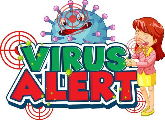 Virus Alert font with coronavirus icon and a girl sneezing