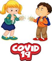 Two kids do not keep social distance with Covid-19 font vector