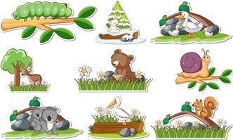 Conjunto de pegatinas con diferentes animales salvajes y elementos de la naturaleza. vector