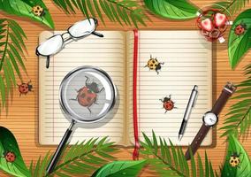 Top view of wooden table with office objects and leaves and insects vector