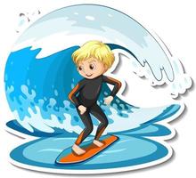 Sticker design with a girl on surfboard isolated vector