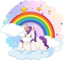 lindo unicornio en el cielo pastel con arcoiris vector