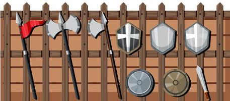 Army weapons hanging on wooden wall vector