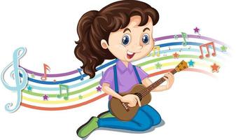 niña tocando la guitarra con símbolos de melodía en la onda del arco iris vector
