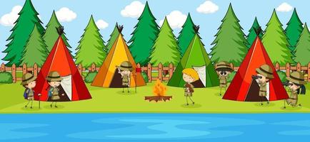 Park scene with many kids camping doodle cartoon character vector