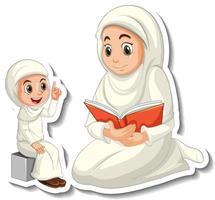 A sticker template with muslim people mother and daughter vector