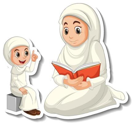 A sticker template with muslim people mother and daughter