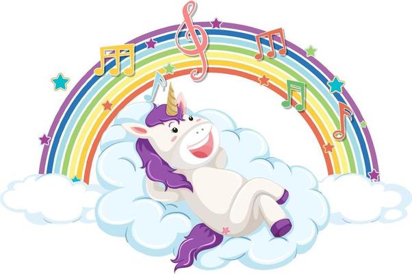 Unicorn laying on cloud with rainbow and melody symbol