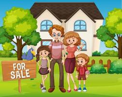 Escena al aire libre con familia de pie frente a una casa en venta. vector