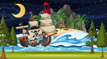 playa con barco pirata en la escena nocturna en estilo de dibujos animados vector