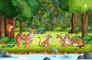 Escena de bosque o selva tropical con familia tigre. vector