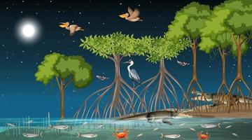 Escena del paisaje del bosque de manglares en la noche con muchos animales diferentes vector