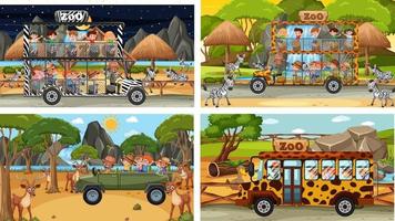 Set of different animals in safari scenes with kids vector