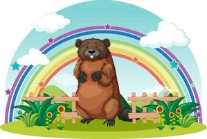 A beaver in the garden with rainbow in the sky vector