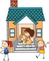 Front view of mini house with many kids on white background vector