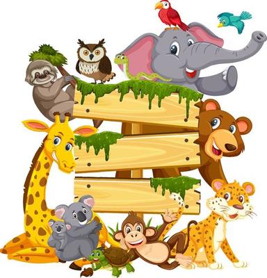 Empty wooden board with various wild animals