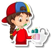 Cartoon character sticker with a girl brushing teeth vector