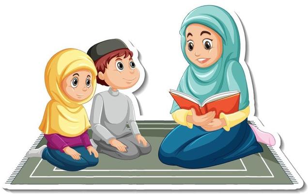 Muslim mother reading a book with her children
