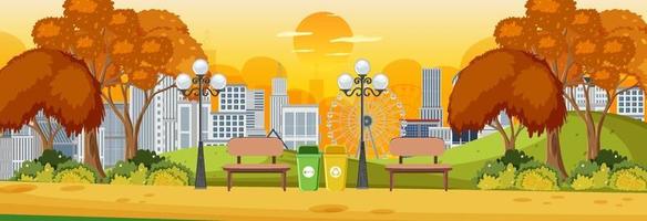 Park in autumn season horizontal scene with cityscape background vector