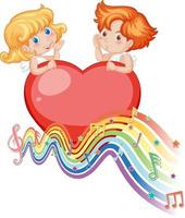 Cupid couple on big heart with melody symbols on rainbow wave vector