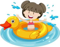 Cute girl with duck swimming ring in the water isolated vector