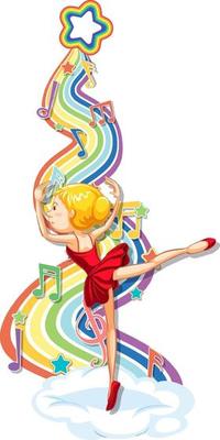 Ballerina with melody symbols on rainbow wave