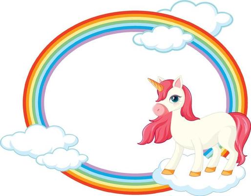 Rainbow frame with cute unicorn cartoon character