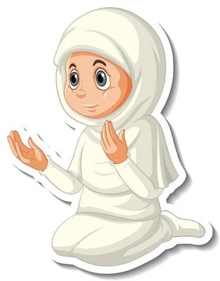 A sticker template with Muslim girl praying cartoon character