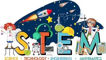 STEM education logo with scientist kids in galaxy theme vector