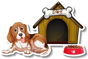 Sticker design with beagle standing in front of dog house vector