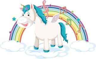 Unicorn standing on cloud with rainbow and melody symbol vector