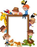 Empty wooden frame with kids and zoo animals vector