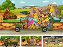 Different safari scenes with animals and kids cartoon character vector