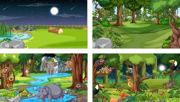 Different nature scenes of forest and rainforest with wild animals vector