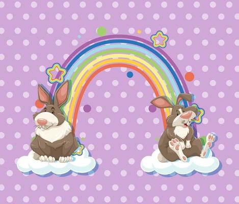 Two rabbits on the cloud with rainbow on purple polka dot background