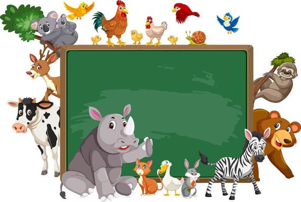 Empty blackboard with various wild animals