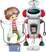 Happy boy building robot on white background vector