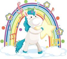 unicornio de pie en la nube con arco iris y símbolo de melodía vector