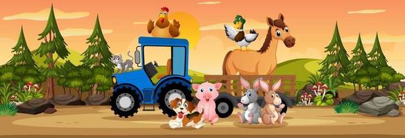 Panorama landscape scene with various farm animals in the farm vector