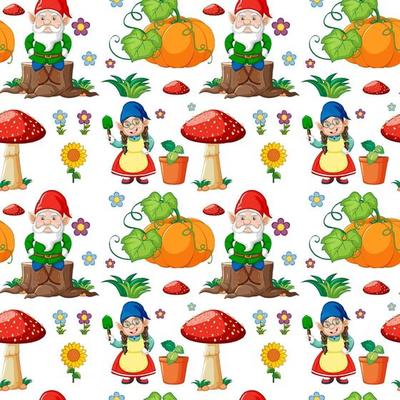 Gnome or dwarf seamless pattern with garden elements