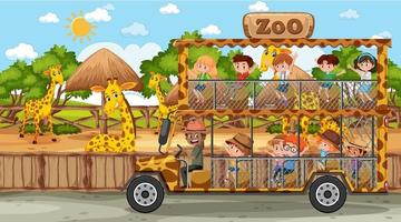 Safari at day time scene with many kids watching giraffe group vector