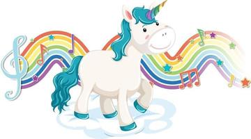 unicornio parado en la nube con símbolos de melodía en la onda del arco iris vector