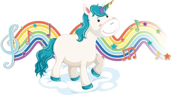 Unicorn standing on the cloud with melody symbols on rainbow wave