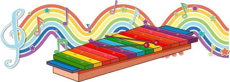 Xylophone with melody symbols on rainbow wave