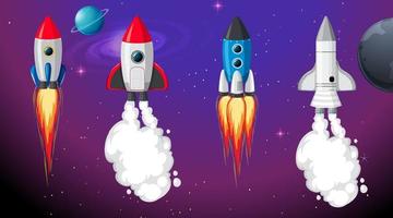 Set of different rocket and spaceship in space background